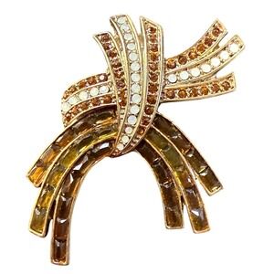 Vintage‎ Ribbon Brooch Pin Rhinestone Gold Tone Statement Jewelry Gift